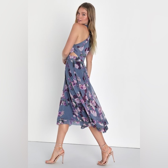 Precious Attitude Slate Blue Floral Handkerchief Midi Dress Size L NWT - Picture 4 of 4